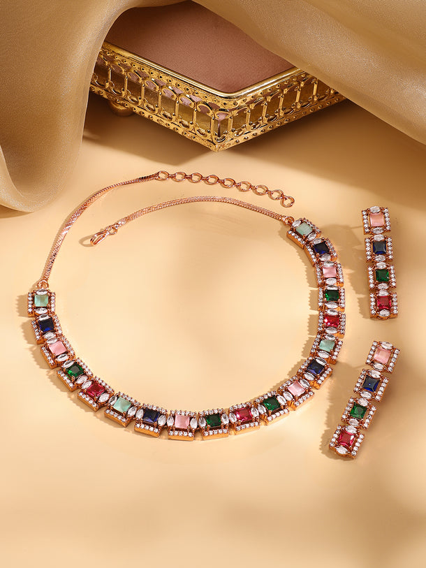 Rubans Rose Gold Plated Multicolour Zirconia Stone Studded Handcrafted Necklace Set.