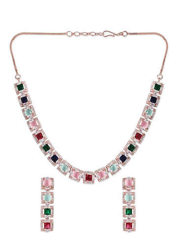 Rubans Rose Gold Plated Multicolour Zirconia Stone Studded Handcrafted Necklace Set.