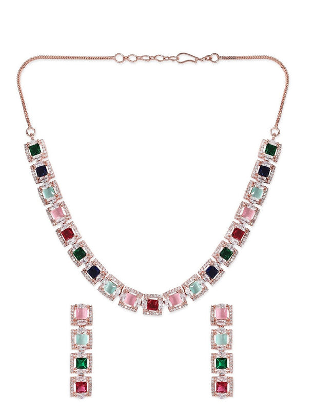 Rubans Rose Gold Plated Multicolour Zirconia Stone Studded Handcrafted Necklace Set.