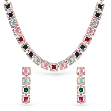 Rubans Rose Gold Plated Multicolour Zirconia Stone Studded Handcrafted Necklace Set.