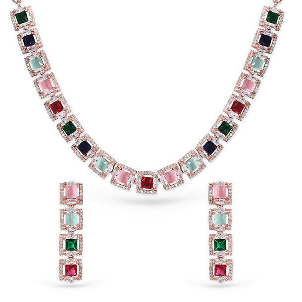 Rubans Rose Gold Plated Multicolour Zirconia Stone Studded Handcrafted Necklace Set.