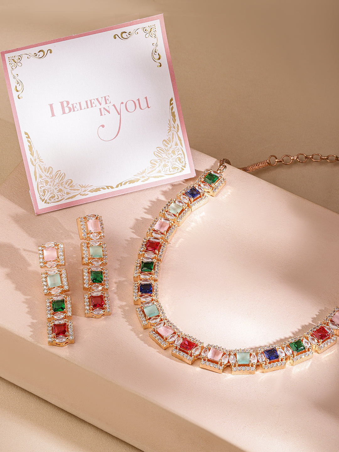 Rubans Rose Gold Plated Multicolour Zirconia Stone Studded Handcrafted Necklace Set.