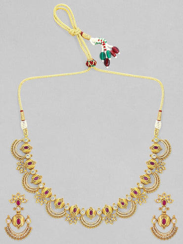Rubans 24K Gold-Plated Ruby Pink & Cubic Zirconia Studded Temple Necklace Set with Chandbali Earrings