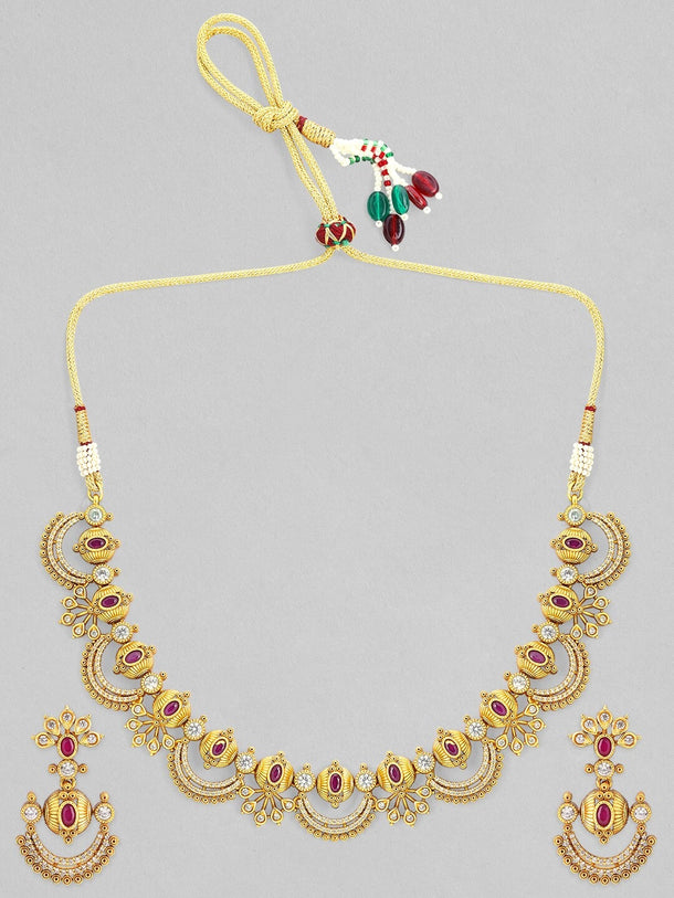 Rubans 24K Gold-Plated Ruby Pink & Cubic Zirconia Studded Temple Necklace Set with Chandbali Earrings
