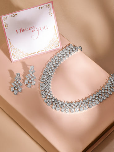 Rubans Rhodium-Plated White Cubic Zirconia Studded Statement Necklace Set