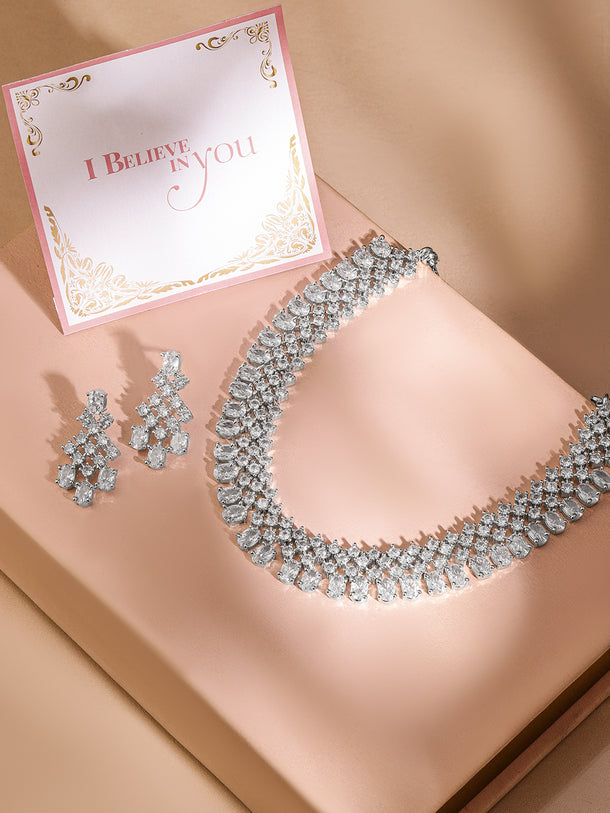 Rubans Rhodium-Plated White Cubic Zirconia Studded Statement Necklace Set