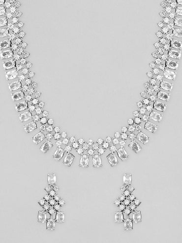 Rubans Rhodium-Plated White Cubic Zirconia Studded Statement Necklace Set