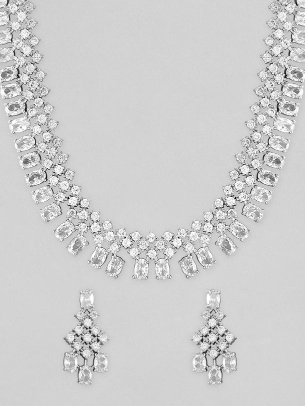 Rubans Rhodium-Plated White Cubic Zirconia Studded Statement Necklace Set