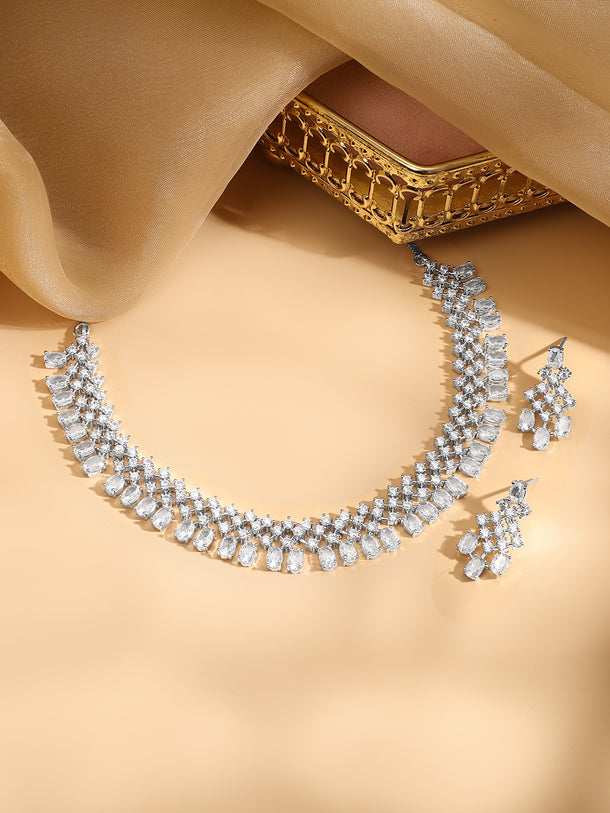 Rubans Rhodium-Plated White Cubic Zirconia Studded Statement Necklace Set