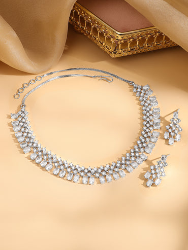Rubans Rhodium-Plated White Cubic Zirconia Studded Statement Necklace Set