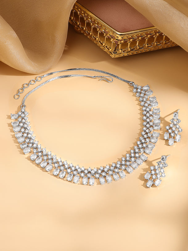 Rubans Rhodium-Plated White Cubic Zirconia Studded Statement Necklace Set