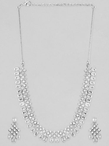 Rubans Rhodium-Plated White Cubic Zirconia Studded Statement Necklace Set
