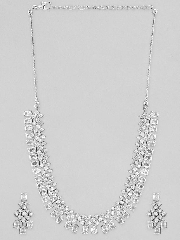Rubans Rhodium-Plated White Cubic Zirconia Studded Statement Necklace Set