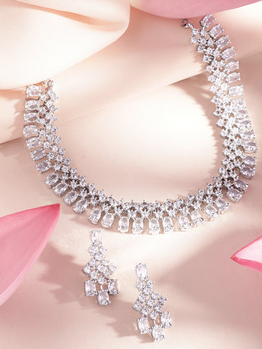 Rubans Rhodium-Plated White Cubic Zirconia Studded Statement Necklace Set