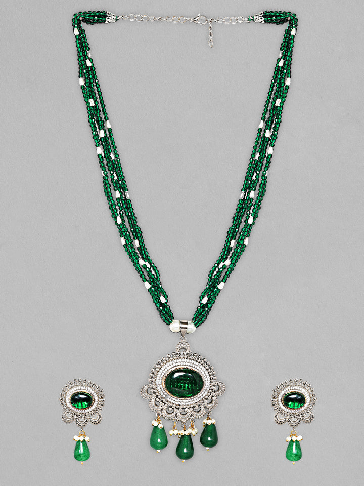 Rubans Silver Plated Necklace Set With Emerald Stone, Beads, AD and Handbag