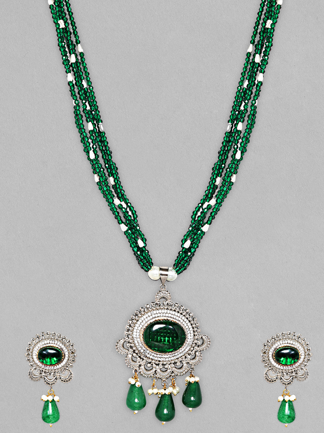 Rubans Silver Plated Necklace Set With Emerald Stone, Beads, AD and Handbag