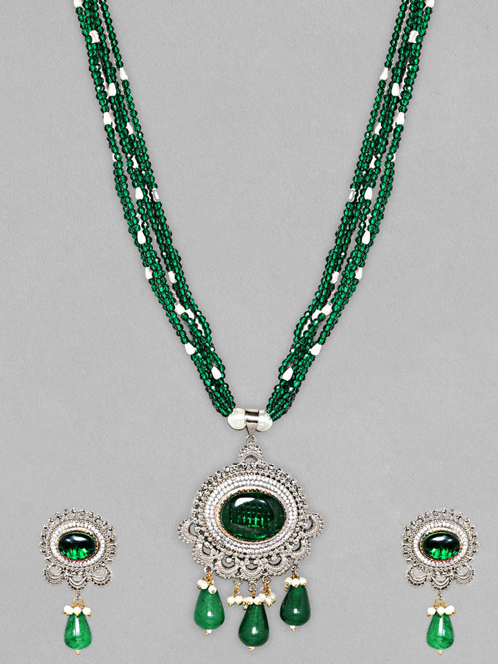 Rubans Silver Plated Necklace Set With Emerald Stone, Beads, AD and Handbag