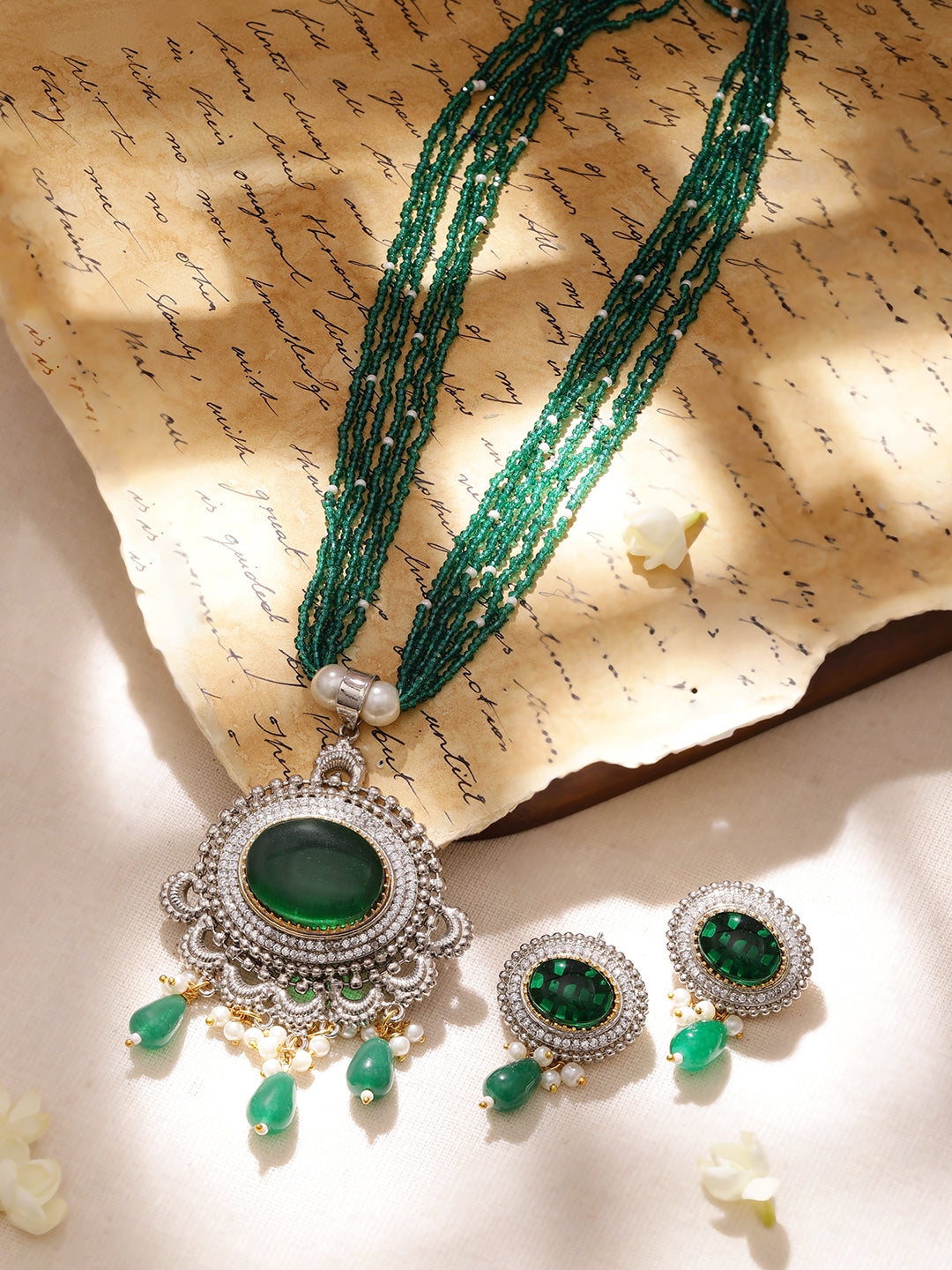 Rubans Silver Plated Necklace Set With Emerald Stone, Beads, AD and Handbag