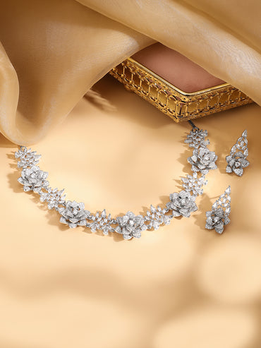 American Diamond Zirconia Floral Motif Necklace Set