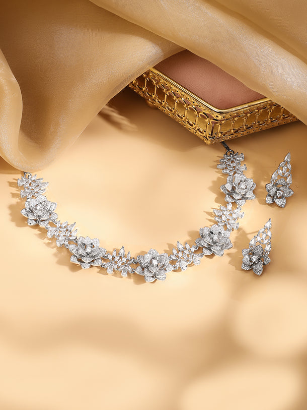 American Diamond Zirconia Floral Motif Necklace Set