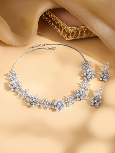 American Diamond Zirconia Floral Motif Necklace Set