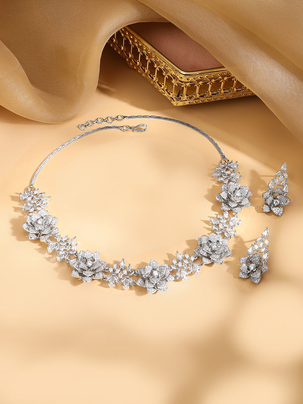 American Diamond Zirconia Floral Motif Necklace Set