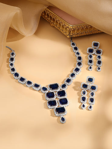 Rhodium Plated Blue Sapphire & CubicZirconia Studded Premium Statement Necklace Set