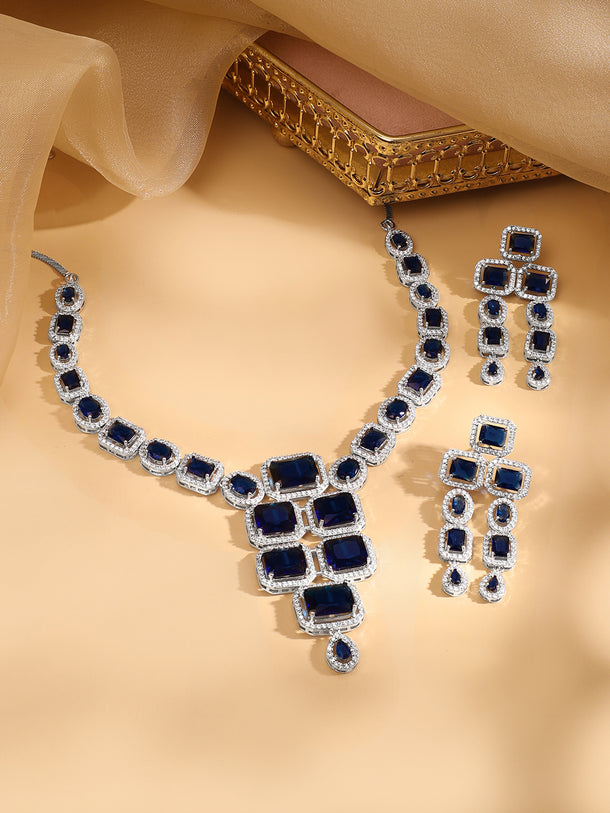 Rhodium Plated Blue Sapphire & CubicZirconia Studded Premium Statement Necklace Set