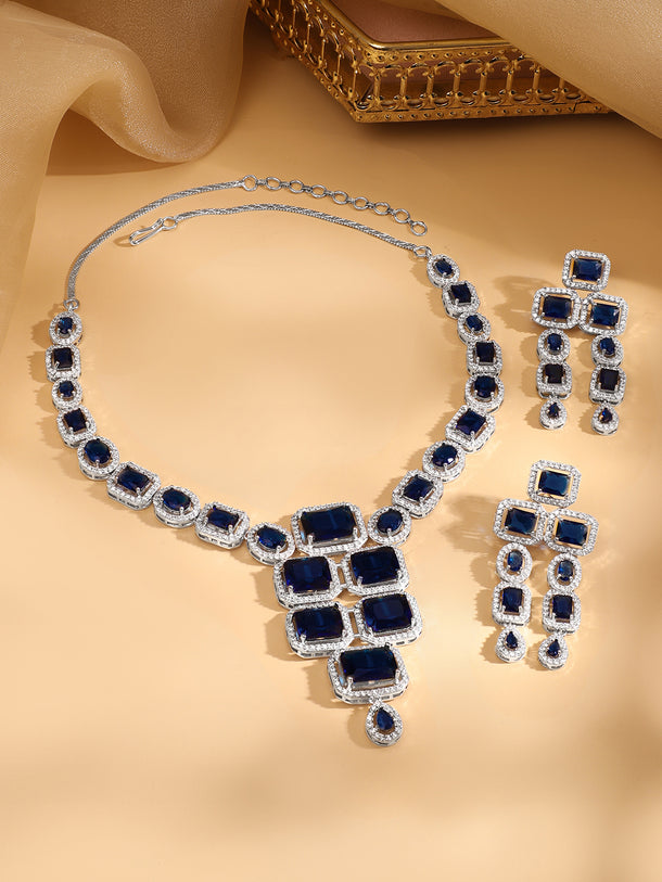 Rhodium Plated Blue Sapphire & CubicZirconia Studded Premium Statement Necklace Set