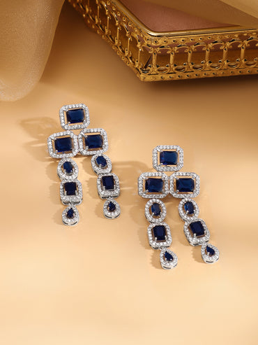 Rhodium Plated Blue Sapphire & CubicZirconia Studded Premium Statement Necklace Set
