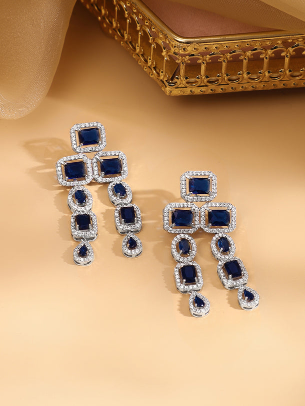 Rhodium Plated Blue Sapphire & CubicZirconia Studded Premium Statement Necklace Set