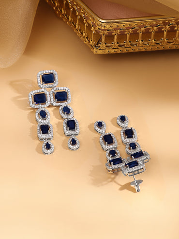 Rhodium Plated Blue Sapphire & CubicZirconia Studded Premium Statement Necklace Set