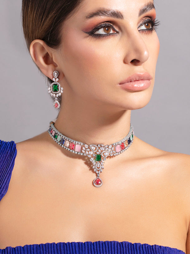 American Diamond Zirconia Multicolor Choker Set