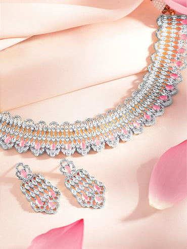 Pink Teardrop American Diamond Zirconia Necklace Set
