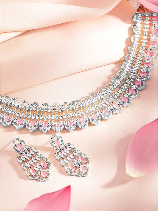 Pink Teardrop American Diamond Zirconia Necklace Set