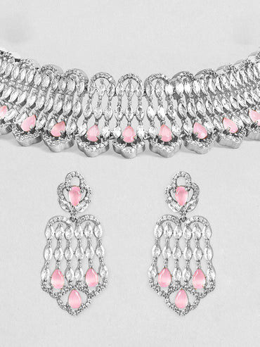 Pink Teardrop American Diamond Zirconia Necklace Set