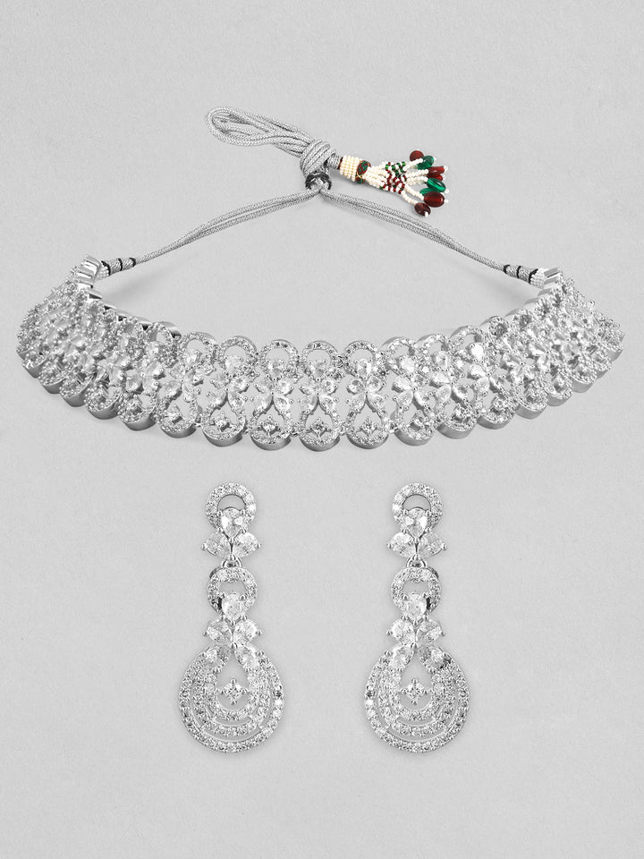 Rubans Rhodium-Plated Ruby & AAA Cubic Zirconia Studded Premium Choker Jewellery Set