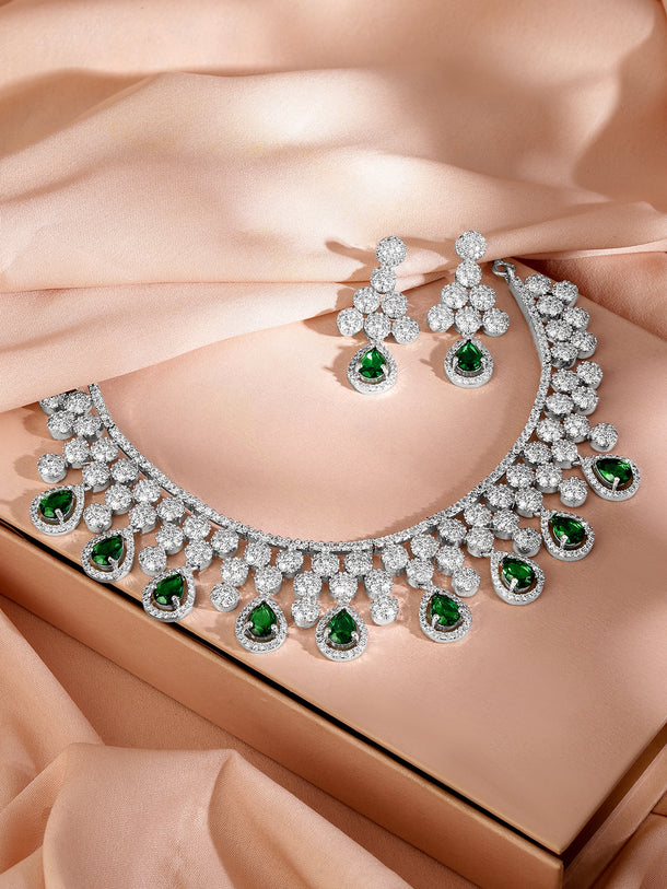 American Diamond Zirconia Green Drop Necklace Set