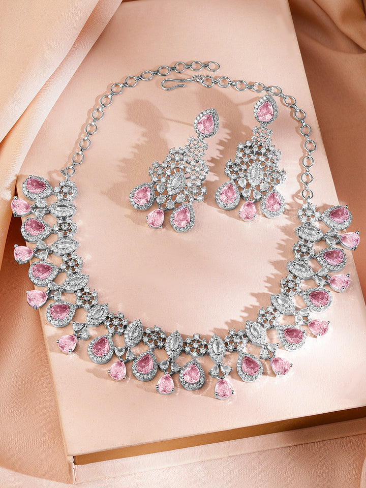 American Diamond Zirconia Pink Studded Necklace Set