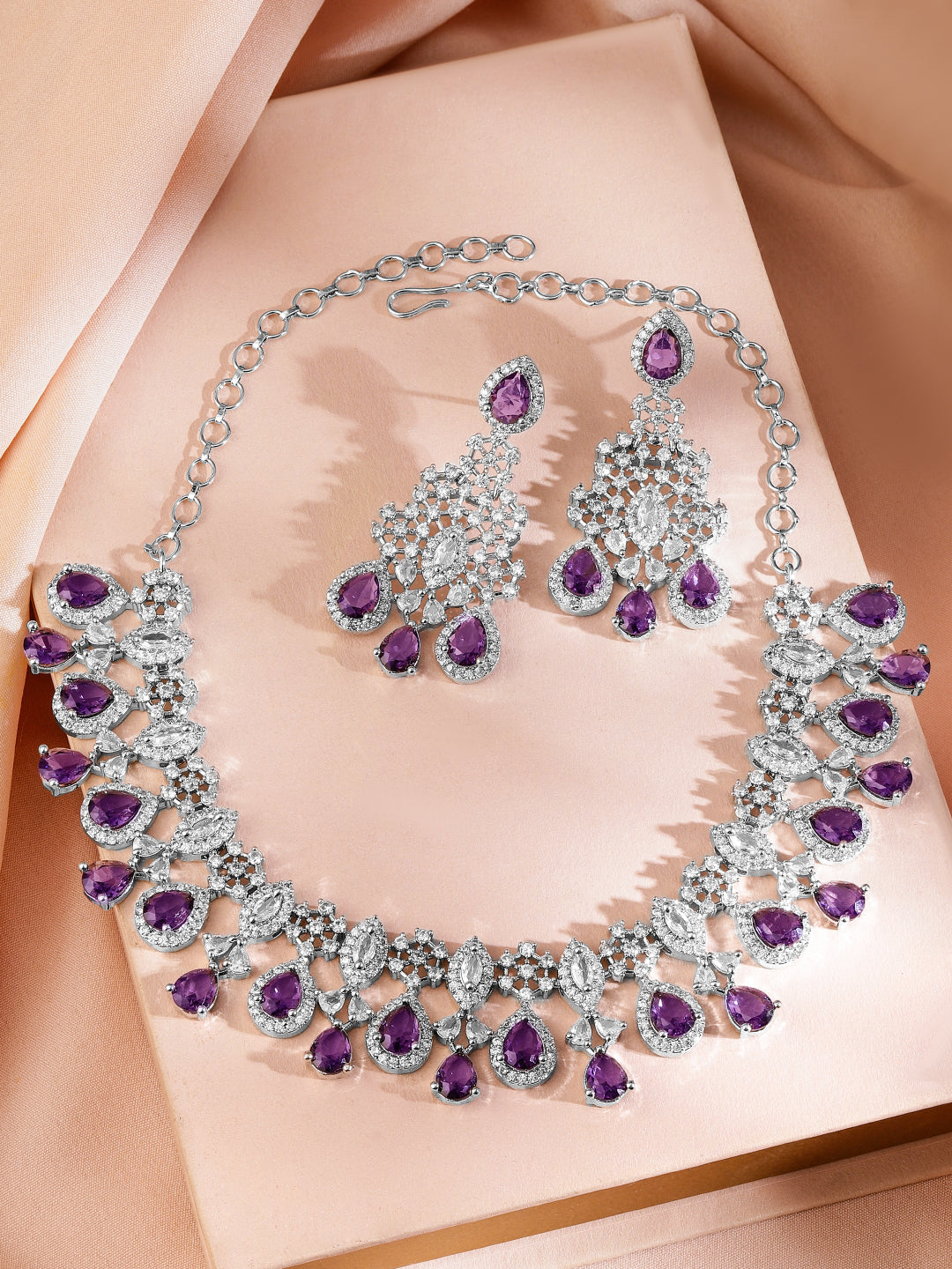 Purple Studded American Diamond Zirconia Necklace Set