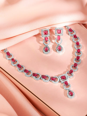 American Diamond Zirconia Pink Cubic Necklace Set