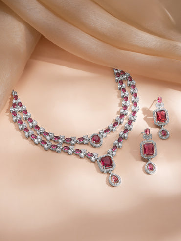 American Diamond Zirconia Ruby Layered Necklace Set