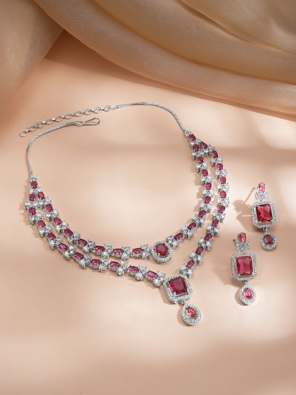 American Diamond Zirconia Ruby Layered Necklace Set