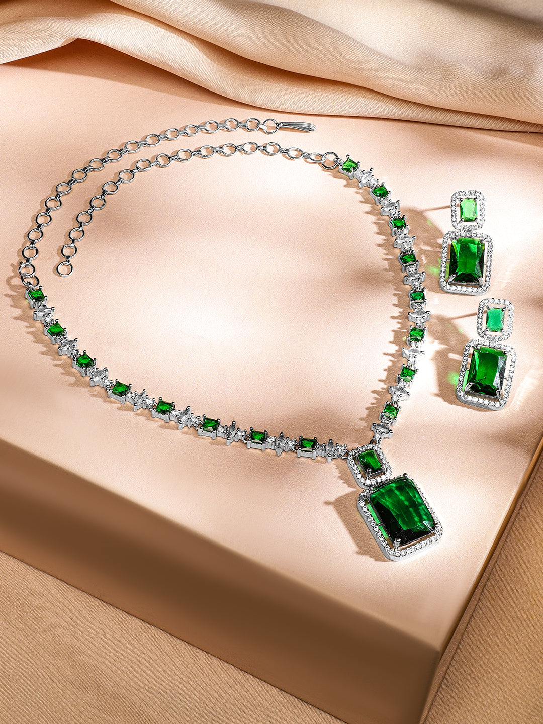 American Diamond Zirconia Emerald Necklace Set