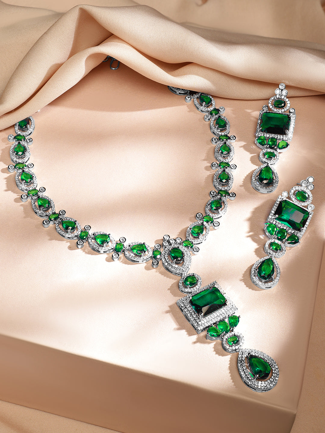American Diamond Zirconia Studded Emerald Necklace Set