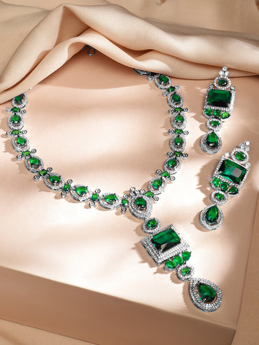 American Diamond Zirconia Studded Emerald Necklace Set