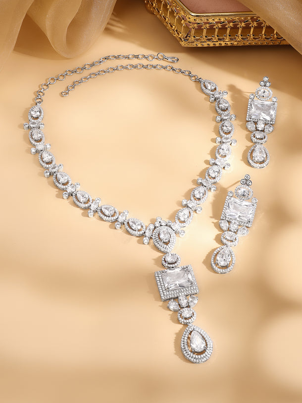 American Diamond Zirconia Geometric Teardrop Necklace Set