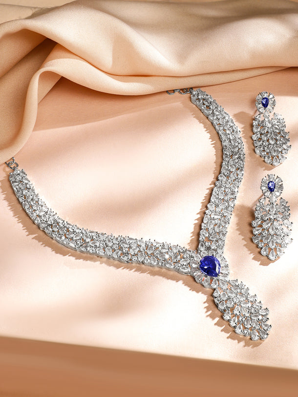 American Diamond Zirconia Blue Accented Necklace Set