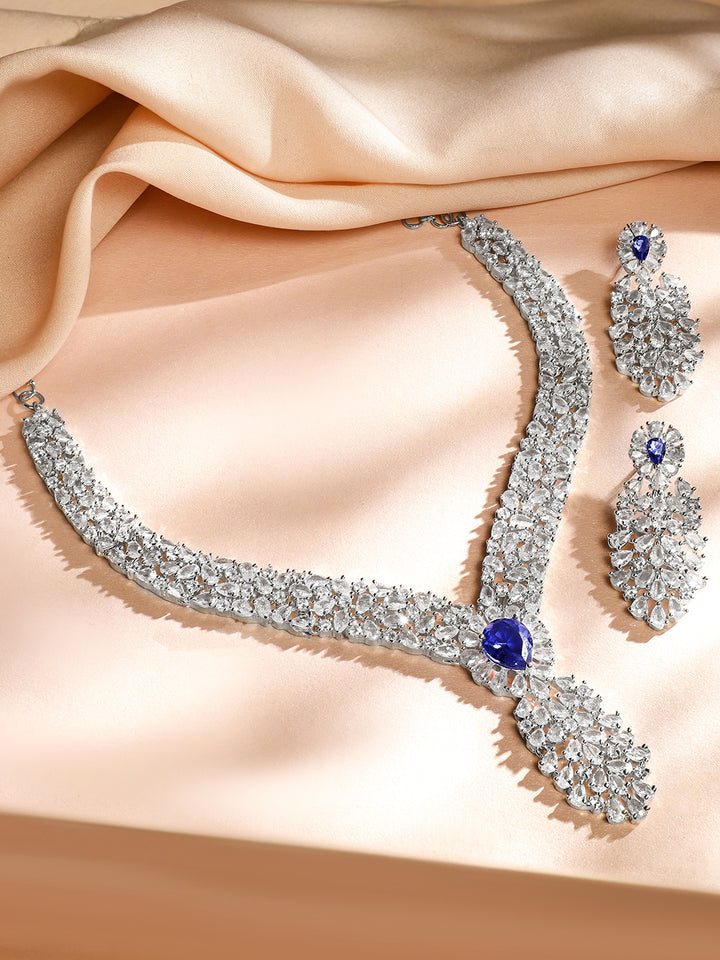 American Diamond Zirconia Blue Accented Necklace Set