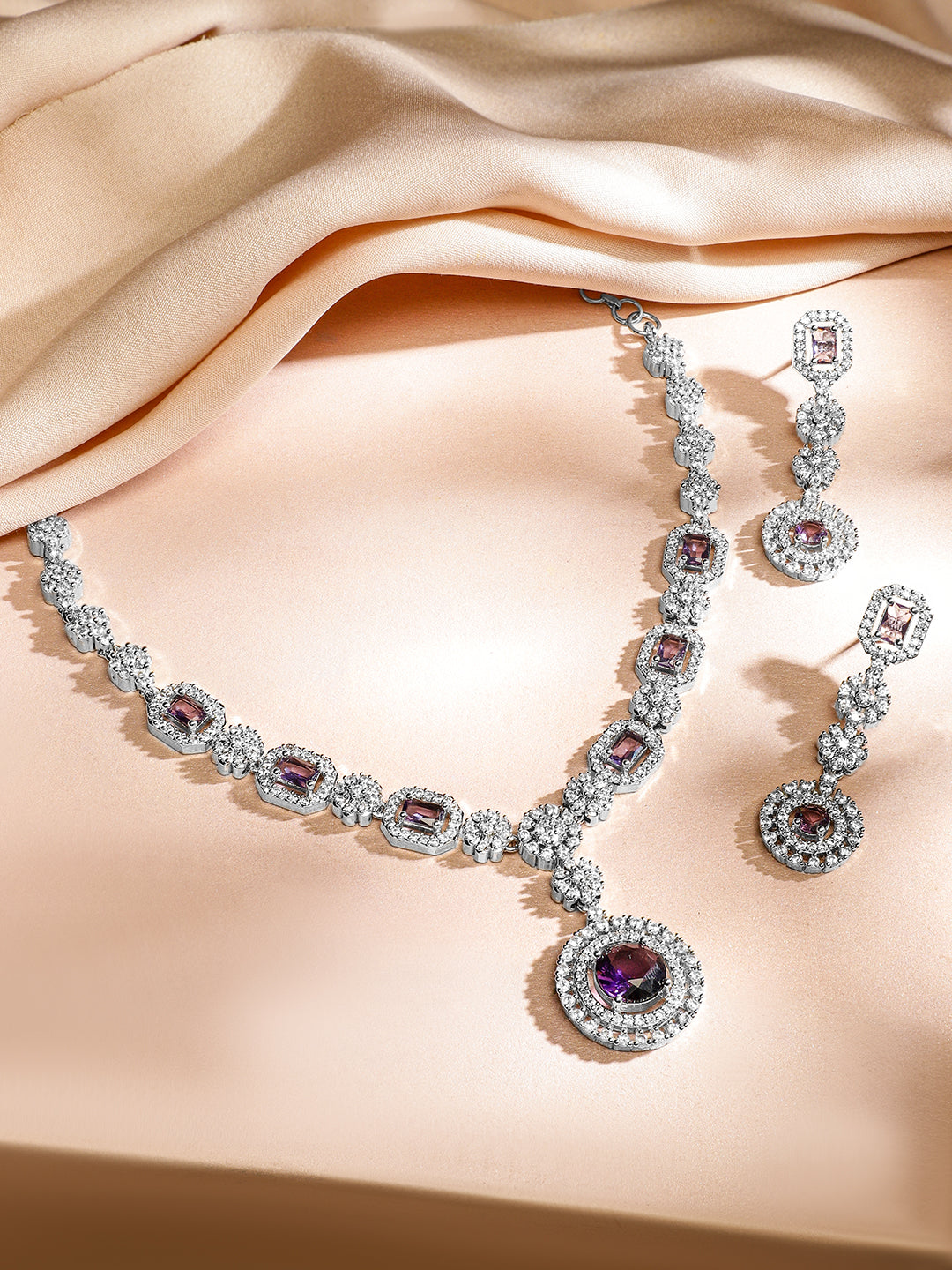 American Diamond Zirconia Purple Studded Necklace Set